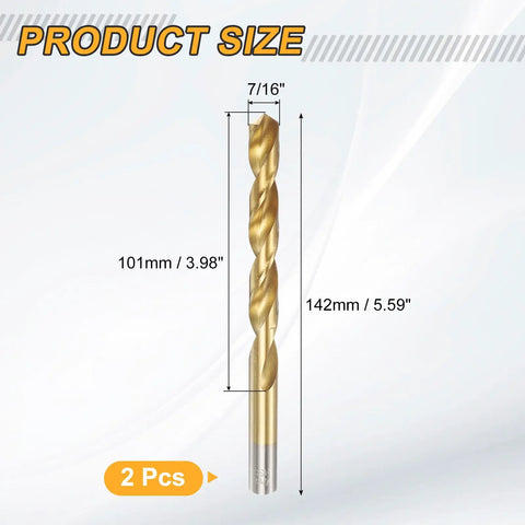 Heavy Duty Titanium Coated High Speed Steel Twist Drill Bits Set For Metal And Wood Seven Sixteenth Inch Diameter 142mm Total Length 101mm Flute Length Two Pack By Uxcell For Stainless Steel Hardened Metal Cast Iron Plastic showing product size