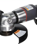 Heavy Duty Air Angle Grinder With A Beefy 5 Inch Cut Off Wheel, Smokin Hot 12000 RPM Spin, close-up view of handle and blade.