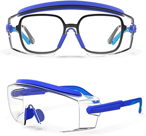 Anti Fog Safety Goggles Over Glasses With Scratch Resistant Lenses And Six Layer Anti Fog Coating Adjustable Frame And Temples Clear Lab Eyewear For Men And Women Protective Goggles Blue One Pair, front and side view