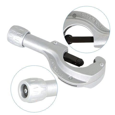 Hydraulic Tube Expander Tool for HVAC Swaging Kit with Tube Cutter, close-up of aluminum alloy build and detail view