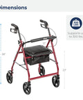 Top Notch Aluminum Folding Rollator Walker With Super Comfy Padded Seat Removable Back Support And Roomy Storage Sling dimensions shown.