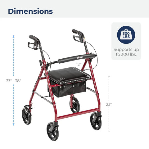 Top Notch Aluminum Folding Rollator Walker With Super Comfy Padded Seat Removable Back Support And Roomy Storage Sling dimensions shown.