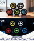 Day and night view of 180 Changeable Symbols LED Indicator Light 12V-24V IP67 Waterproof Pre-Wired Dash Pilot Light, various symbols lit