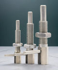 Two Pack M10 Stainless Steel Spring Loaded Retractable Indexing Plunger Pin With L Handle And Hex Nut displayed from the side.
