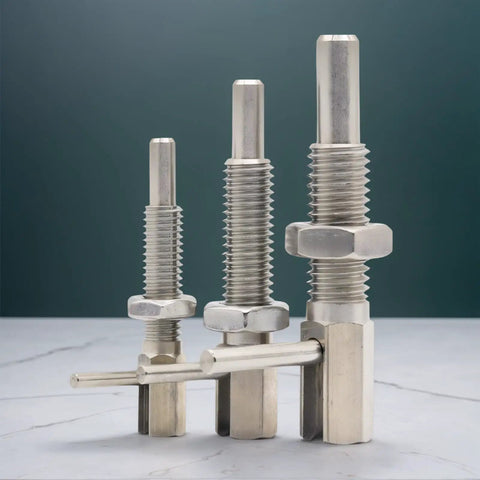Two Pack M10 Stainless Steel Spring Loaded Retractable Indexing Plunger Pin With L Handle And Hex Nut displayed from the side.