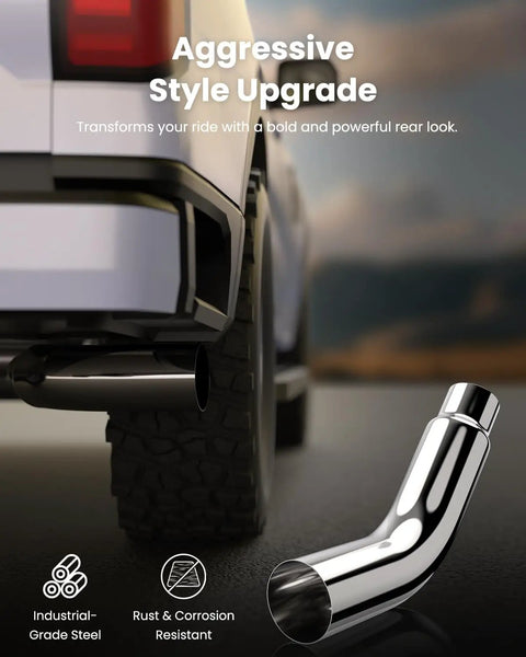 Chrome Universal 4 To 6 Inch Exhaust Tips Bolt On Elbow on pickup, with industrial-grade steel clamp, showcasing style upgrade.