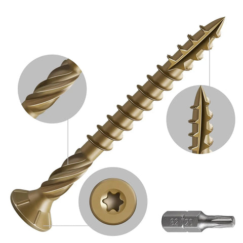 Two Inch Deck Screws For Exterior Wood, Rust Resistant Epoxy Coated Bronze Finish, 311 Pieces, T20 Star Bit, Serrated Threads