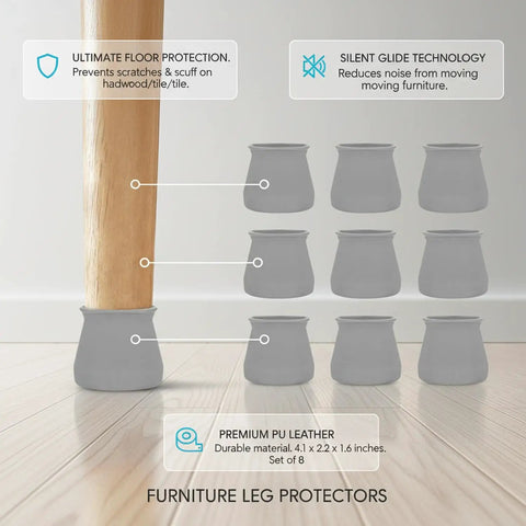 8 Pack Gray PU Leather Furniture Leg Protectors Keep Your Floors Slick With These Badass Scratch Resistant Pads That Glide Like A Dream On Hardwood And Tile Easy Chair And Table Foot Covers No Cap, showcasing soft gray caps on wooden furniture legs.