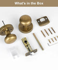 Antique Brass Door Knob With Privacy Lock, Vintage Style Interior Door Knob For Bedroom And Bathroom, Push Button Lock, Easy Emergency Release, Durable Bronze Hardware, 1 Pack, parts displayed