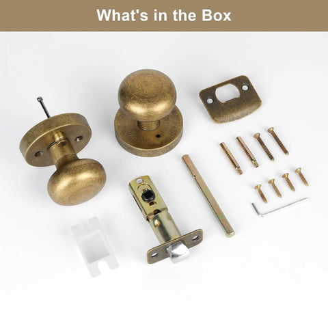 Antique Brass Door Knob With Privacy Lock, Vintage Style Interior Door Knob For Bedroom And Bathroom, Push Button Lock, Easy Emergency Release, Durable Bronze Hardware, 1 Pack, parts displayed