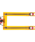 Top-down view of yellow manual pallet jack with 27 in W x 48 in L forks and 5500 lb capacity