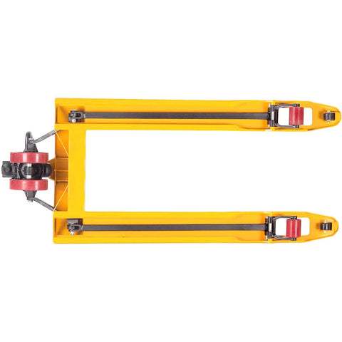 Top-down view of yellow manual pallet jack with 27 in W x 48 in L forks and 5500 lb capacity