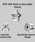 Premium 4 Inch Independent Four Jaw Lathe Chuck Featuring Reversible Steel Jaws shown in three angles with details.