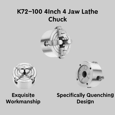 Premium 4 Inch Independent Four Jaw Lathe Chuck Featuring Reversible Steel Jaws shown in three angles with details.