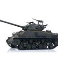 Side view of One Sixteenth Scale RC Sherman M4A3 E8 Fury Edition Tank with metal chassis and tracks, 360-degree turret, elevating barrel.