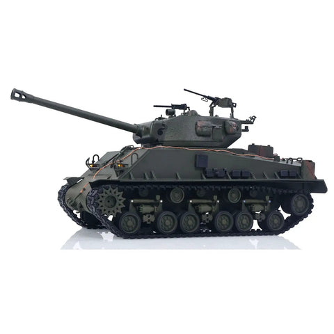 Side view of One Sixteenth Scale RC Sherman M4A3 E8 Fury Edition Tank with metal chassis and tracks, 360-degree turret, elevating barrel.
