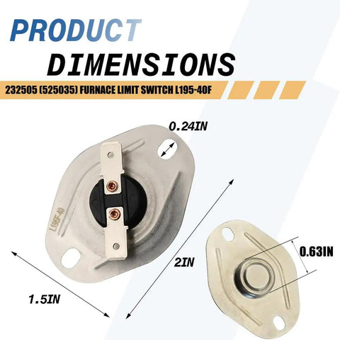 Furnace Limit Switch L195 40F Direct Replacement For SF 42 SF 42Q SFV 42 SHD2542 with dimensions marked in inches