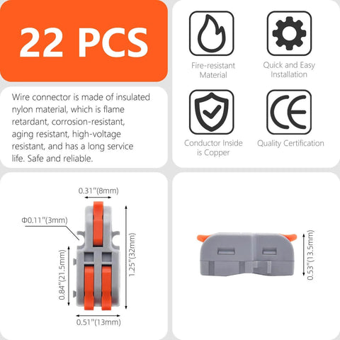 22 PCS 20 Piece Lever Wire Connectors Set 1 In 2 Out Quick Wiring Mini Splicing Docking Terminal Block Electrical Connectors For 24 12 AWG Wires Tap Into Stripped Cables In Seconds dimensions and features.