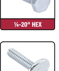1/4-20" HEX and T-BOLTS, hex head and flat T-bolt design, heavy-duty fastening for jigs and fixtures, durable materials.