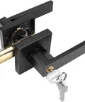 Heavy Duty Front Door Lever Handle Set With Lock In Matte Black, zinc alloy construction, side view with keys.