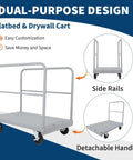 Beefed Up Heavy Duty 36x24 Inch Steel Panel Cart 2 In 1 Industrial Platform Truck With 2200 Lbs Capacity, side rails, swivel wheels