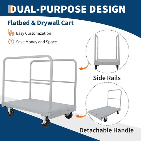 Beefed Up Heavy Duty 36x24 Inch Steel Panel Cart 2 In 1 Industrial Platform Truck With 2200 Lbs Capacity, side rails, swivel wheels