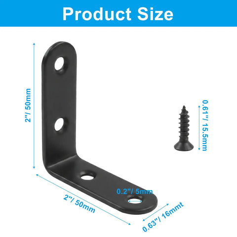 20 Piece 2 Inch L Brackets Stainless Steel Right Angle Corner Braces Built For Shelves Cabinets Chairs And Wood Furniture Black Finish Easy Install With Screws Included with dimensions
