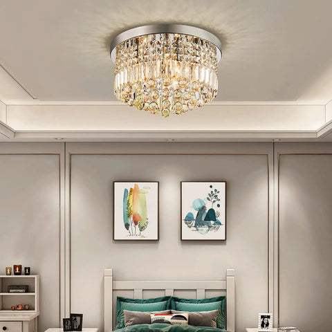 Modern K9 Crystal Raindrop Chandelier Lighting Flush Mount Ceiling Fixture For Dining Room Living Room Bedroom And Bathroom