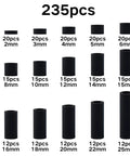 235pcs ABS black round spacers in various sizes, labeled in rows, used for M4 screws in DIY electronics and robotics projects.
