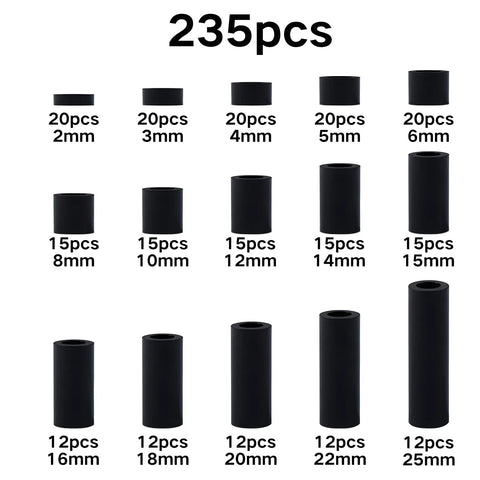 235pcs ABS black round spacers in various sizes, labeled in rows, used for M4 screws in DIY electronics and robotics projects.