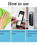 Instructions for the Self Stick Instant Cabinet Drawer Handle showing cleaning, peeling, and attaching steps on various surfaces.