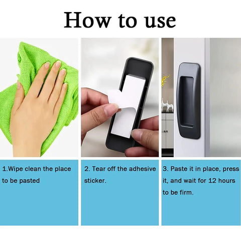 Instructions for the Self Stick Instant Cabinet Drawer Handle showing cleaning, peeling, and attaching steps on various surfaces.