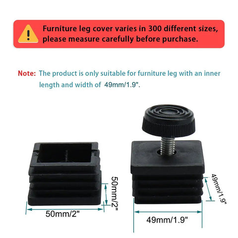 Square Adjustable Furniture Leveling Feet Inserts 50x50mm Four Pack For Stable Leveling Of Tables And Chairs Height Adjustment And Anti Slip Glide Feet Easy Install, showing two black inserts and adjustable foot with measurements, compatible with 49x49mm mounts.