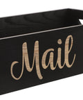 Close-up of black wood wall mount mail organizer with 'Mail' text, showing front detail for envelopes bills storage, 11.02 x 3.94 inches