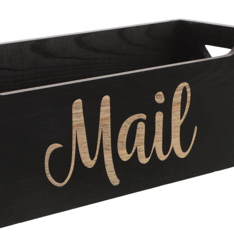 Close-up of black wood wall mount mail organizer with 'Mail' text, showing front detail for envelopes bills storage, 11.02 x 3.94 inches