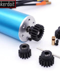 RC motor with Pinion Gear Set 5mm 14T 16T 18T 20T 22T for 5mm shaft shown with hex key and gears, close-up view.