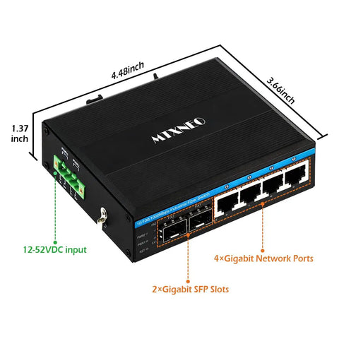 4 Port Rugged Industrial Gigabit Ethernet Switch With 2 SFP Fiber Ports, dimensions labeled, black IP40 enclosure, front angle view