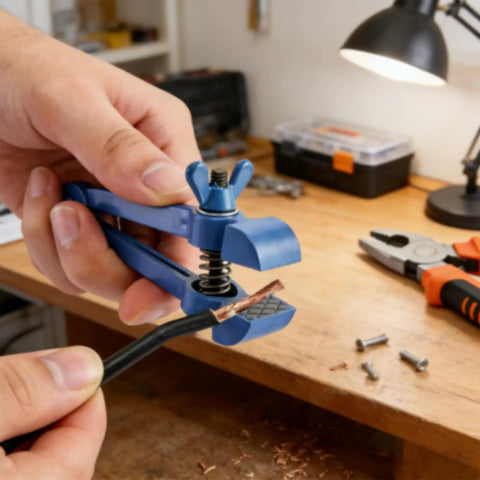 Heavy Duty Handheld Vise Pliers 50mm Mini Bench Clamp For DIY And Home Use, Cast Iron Body With Carbon Steel Jaws securing a wire.