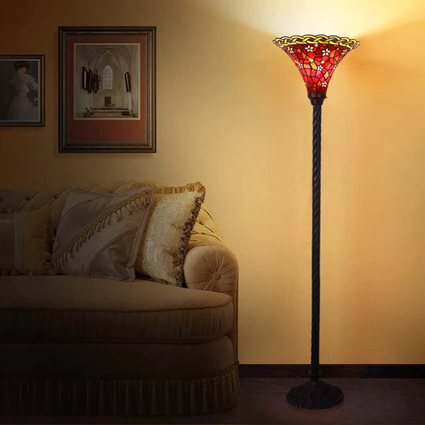 Dragonfly Tiffany Floor Lamp With Stained Glass Lampshade, Bronze Pole, 67 Inch Tall Reading Lamp, LED bulb included, next to sofa
