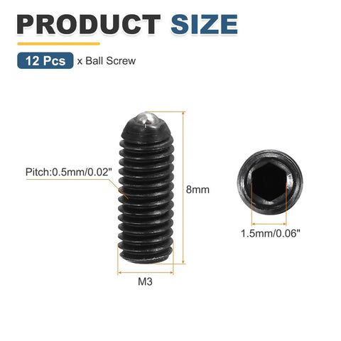 Rock Solid Heavy Duty Ball Point Set Screws M3x8mm Black Hex Socket Spring Plungers Carbon Steel Grub Screws showing size details.