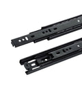 Close-up of 3-Section Full Extension Drawer Slides With Ball Bearing, 100 Lb Capacity, Side Mount, Quiet Glide, Black, 12 Inch, Heavy-Duty Steel.