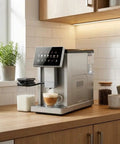 Top Shelf Super Automatic Espresso Maker With Built In Grinder And Dual Boiler Milk Frother brewing a coffee on a kitchen counter.