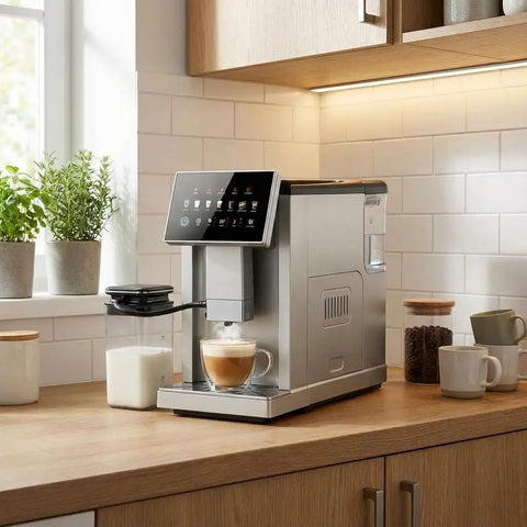 Top Shelf Super Automatic Espresso Maker With Built In Grinder And Dual Boiler Milk Frother brewing a coffee on a kitchen counter.