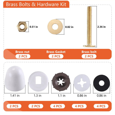Heavy Duty Toilet Flange Bolts Rock Solid Wobble Free Install Kit Featuring Quick Snap Cover Caps And Premium Wax Ring Replacement Parts For Standard Floor, includes brass bolts, nuts, washers.