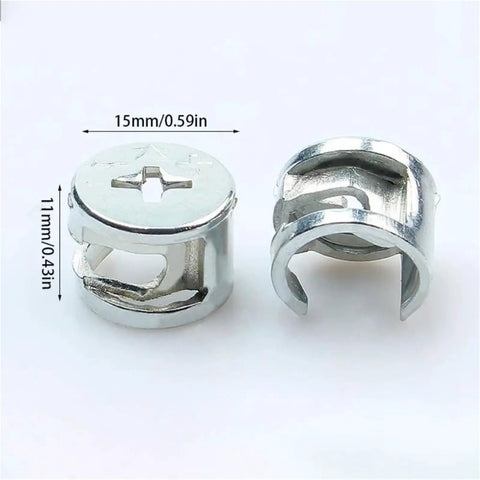 Solid As A Rock Furniture Cam Lock Fastener 3 In 1 Hardware Kit with double pass nuts, showing alloy steel material and dimensions.
