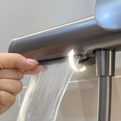 Exposed Shower System with Waterfall Tub Spout G1/2 Connection Gun Gray, showing user adjusting water flow.