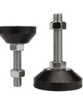 Heavy Duty Universal Adjustable Leveling Feet With Rock Solid Swivel Support Legs Featuring M8 Up To M20 Threads Built Tough For Garage Gear Kitchen Cabinets And Workshop Machinery, two nylon legs with threaded metal bases.