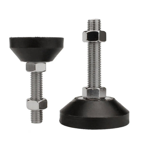 Heavy Duty Universal Adjustable Leveling Feet With Rock Solid Swivel Support Legs Featuring M8 Up To M20 Threads Built Tough For Garage Gear Kitchen Cabinets And Workshop Machinery, two nylon legs with threaded metal bases.