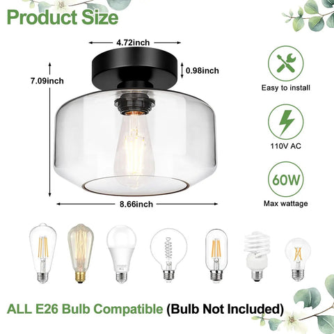 Industrial Dope Semi Flush Mount Ceiling Light In Matte Black With Clear Glass Shade showing dimensions and bulb compatibility.
