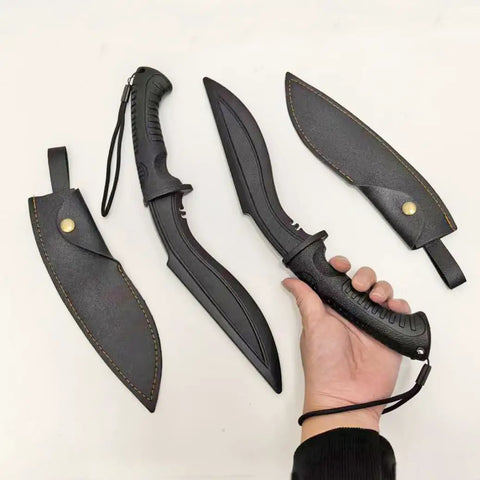Plastic Practice Knife Set 12 Inch Polypropylene Nepalese Style Tanto Training Blades With PU Sheath Two Pack For Props And Martial Arts Training Mini Katana Prop displayed on a surface, one held in hand
